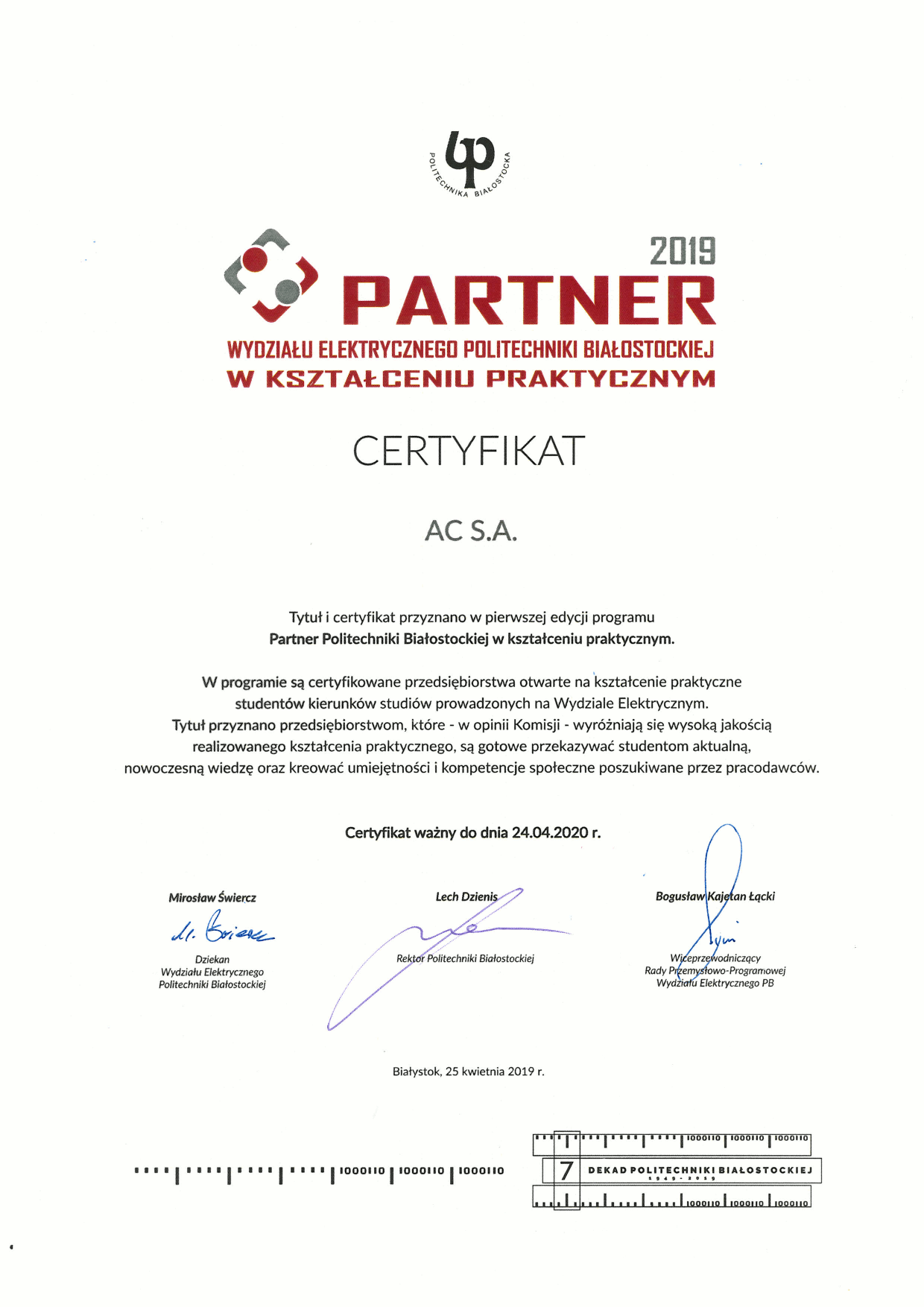 Certyfikat Partnera w kształceniu praktycznym - AC S.A.