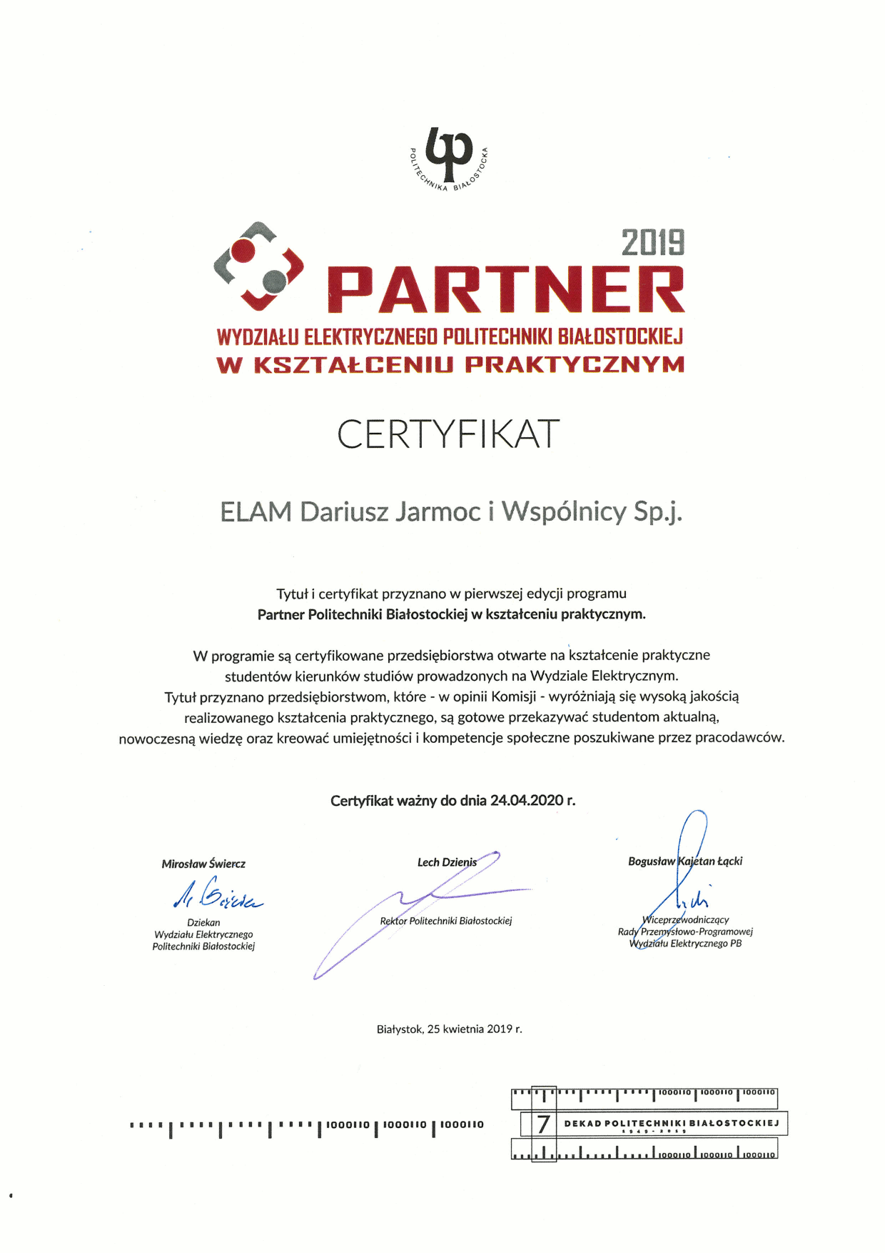 Certyfikat Partnera w kształceniu praktycznym - ELAM sp.j.