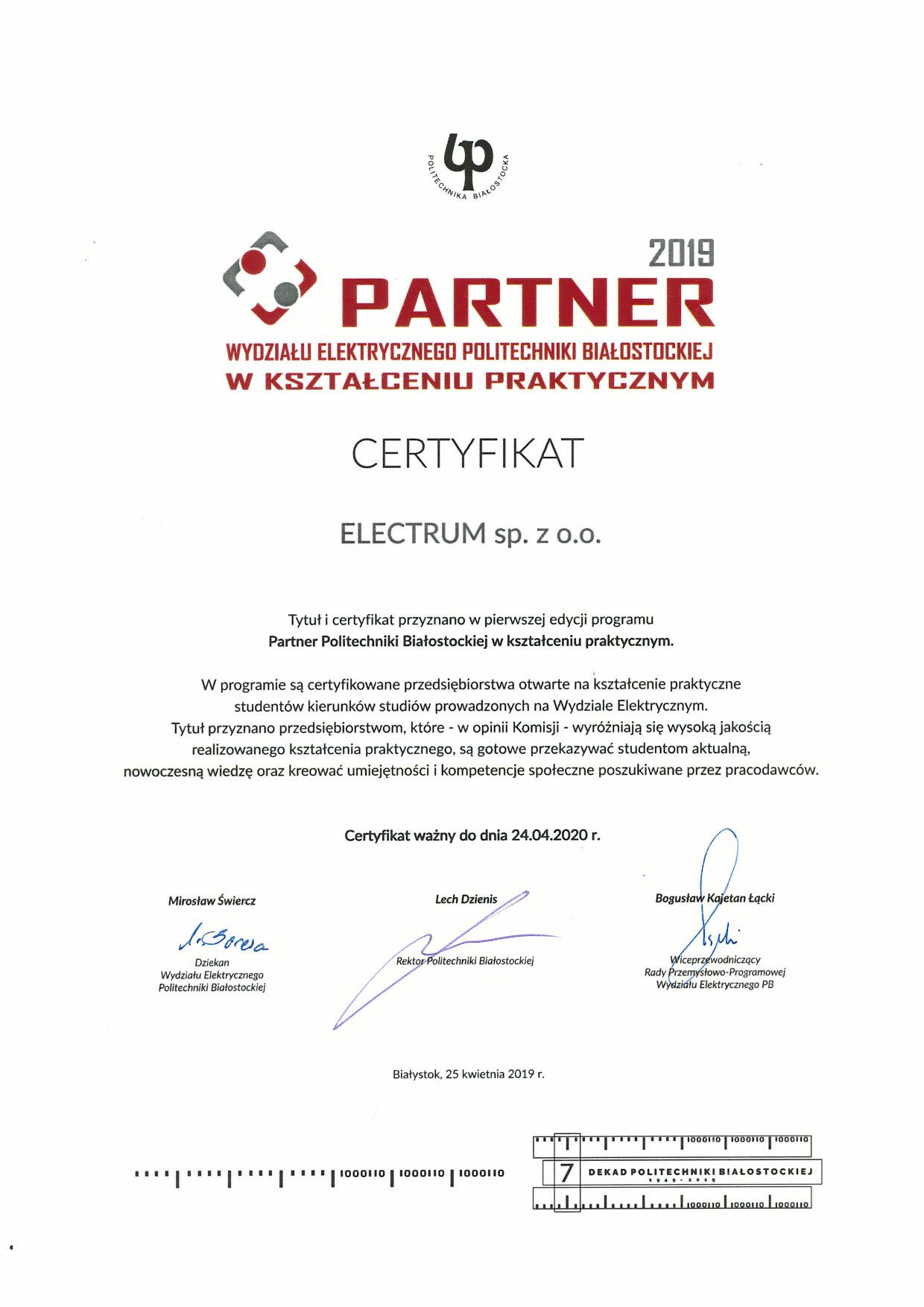 Certyfikat Partnera w kształceniu praktycznym - Electrum sp. z o.o.