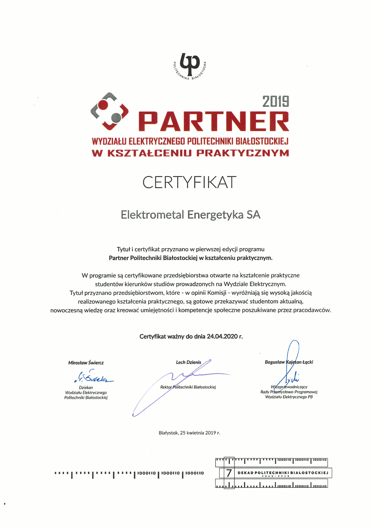 Certyfikat Partnera w kształceniu praktycznym - Elektrometal Energetyka S.A.