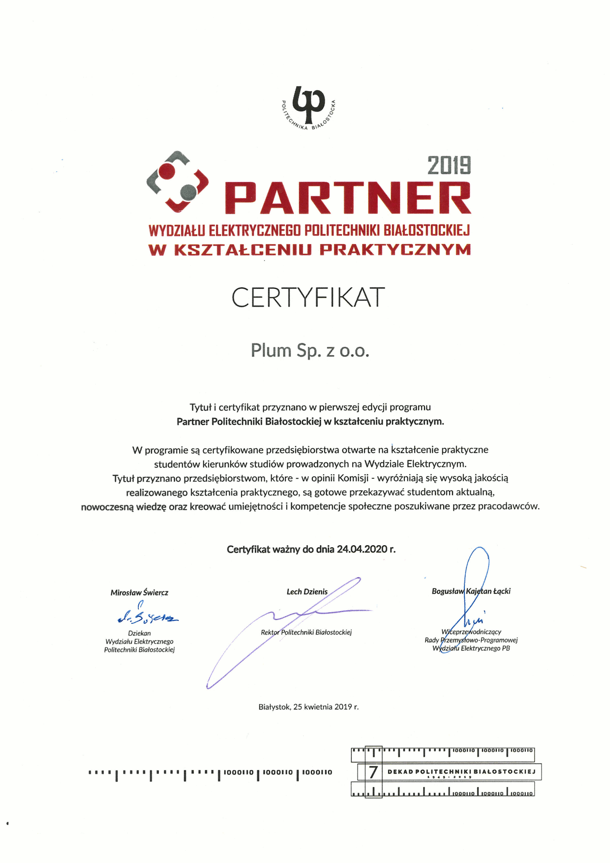 Certyfikat Partnera w kształceniu praktycznym - Plum Sp. z o.o.