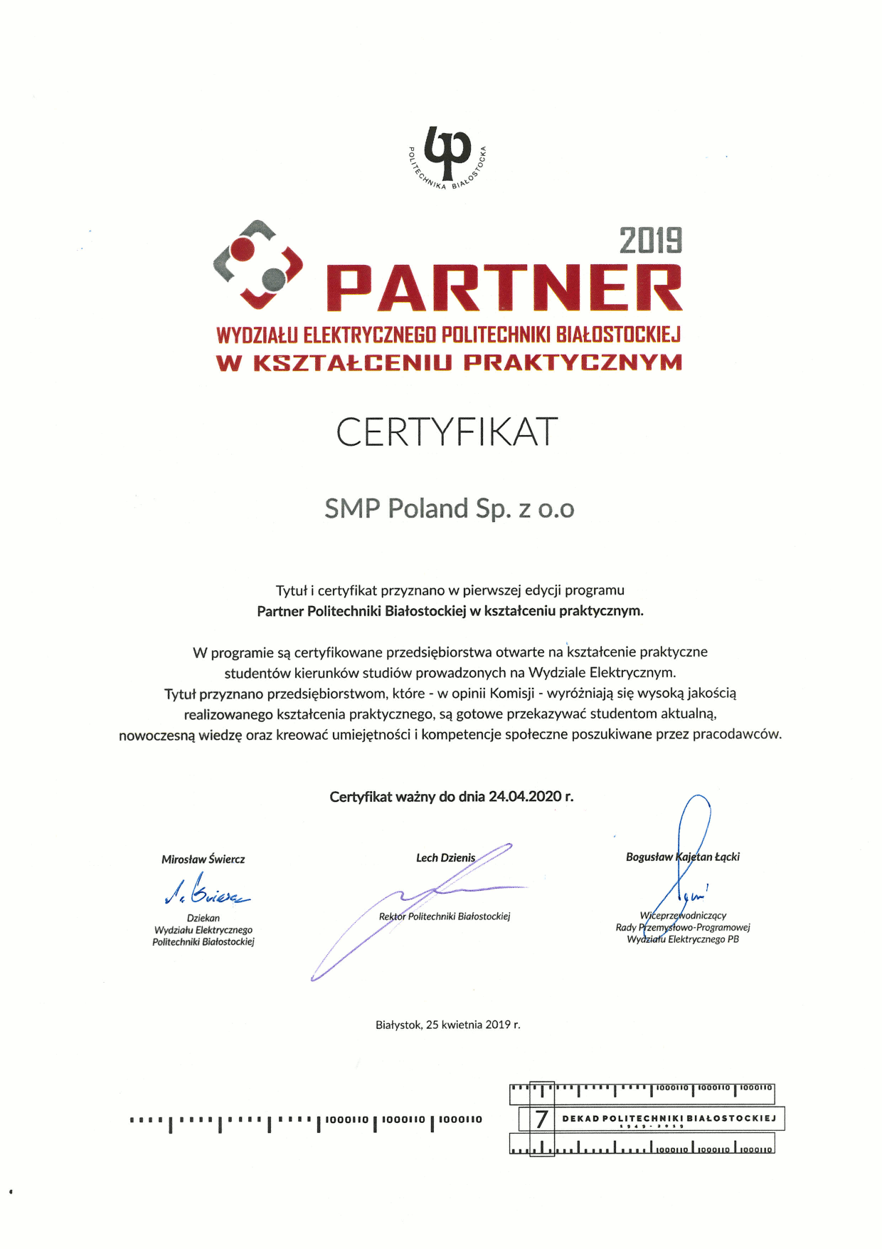 Certyfikat Partnera w kształceniu praktycznym - SMP Poland Sp. z o.o.