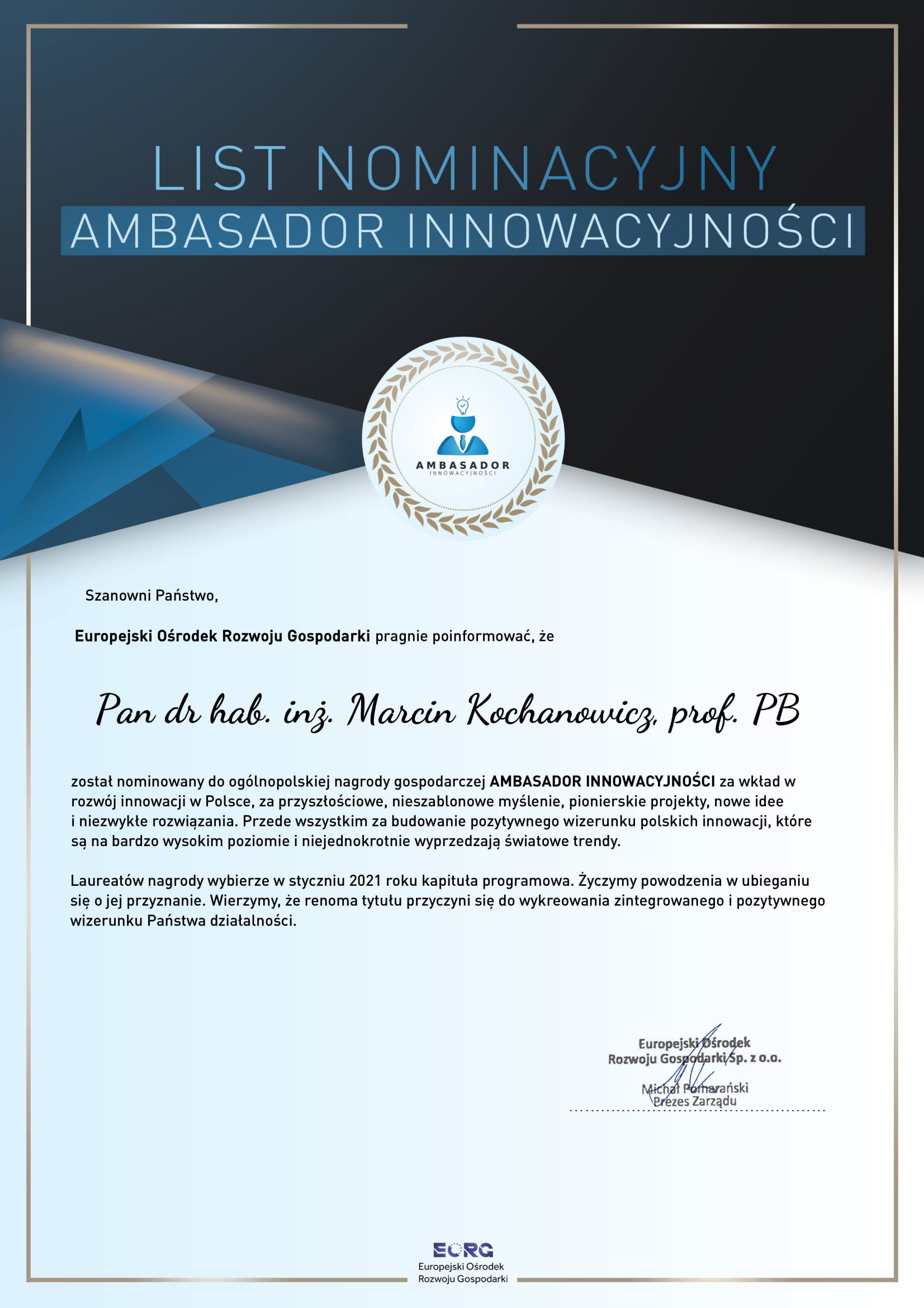 List nominujący dr hab. inz. Marcina Kochanowicza, prof. PB do nagrody Ambasador Innowacyjności