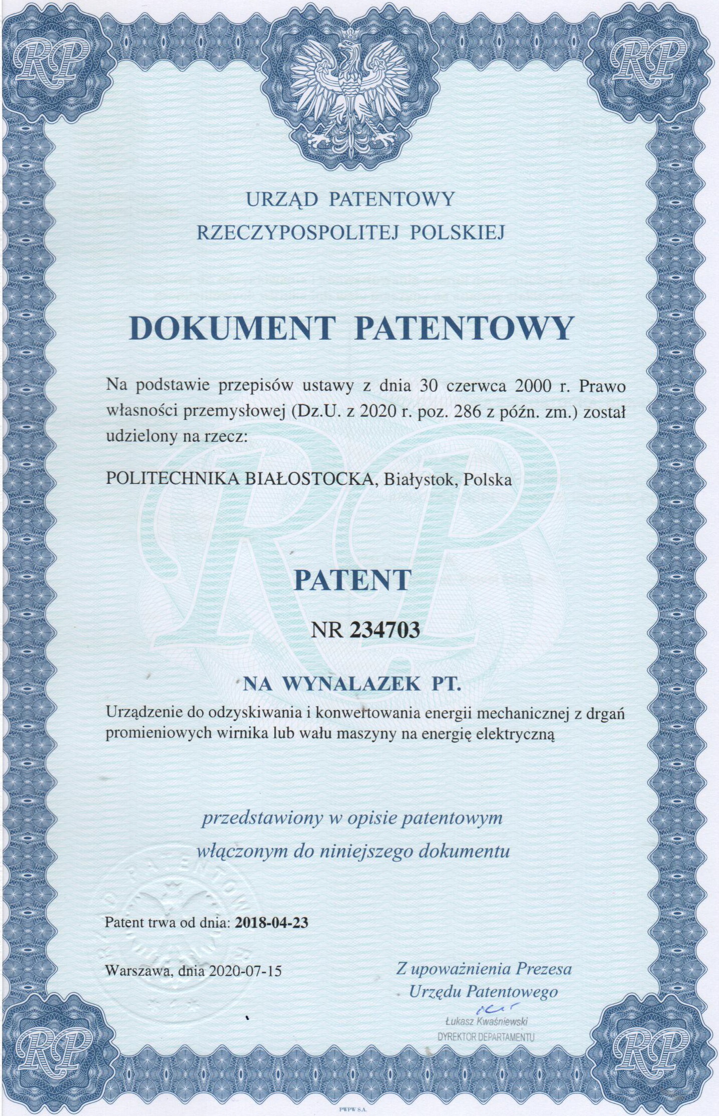Skan dokumentu patentowego.