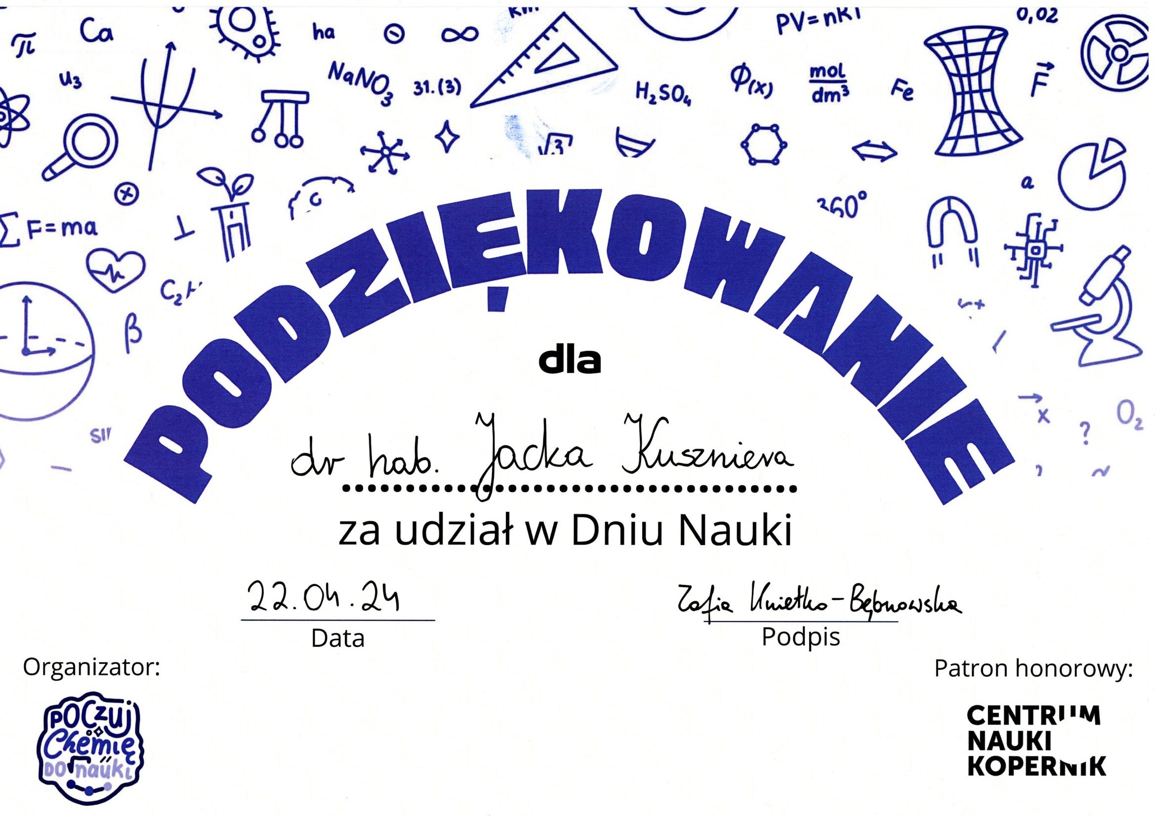 Podziękowanie dla dr. hab. inż. Jacka Kuszniera od organizatorów Dnia Nauki.